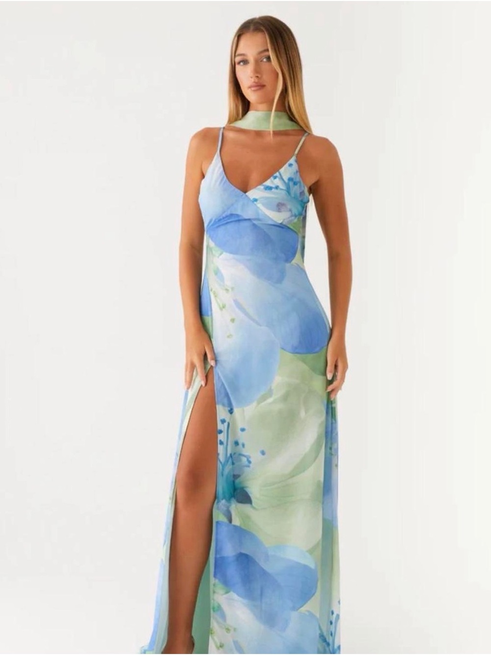 Peppermayo Blue Floral Slip Maxi Dress with Side Slit, comes with scarf - Picture 4 of 4